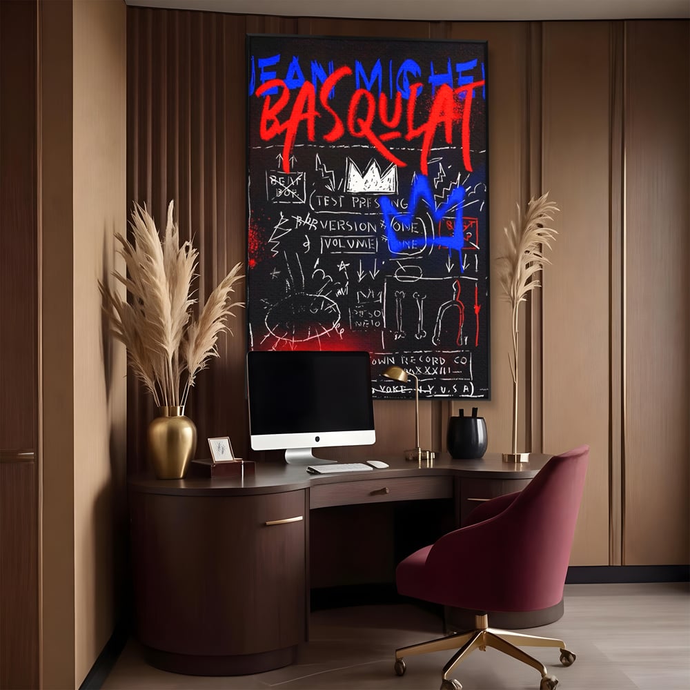 Tablou canvas cu tablou canvas cu arta graffiti, in rama de aluminiu negru, pe perete intr-un birou